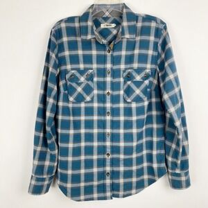Mountain Khakis Plaid Flannel Button Up Shirt Womens Medium Teal Blue Wool Blend